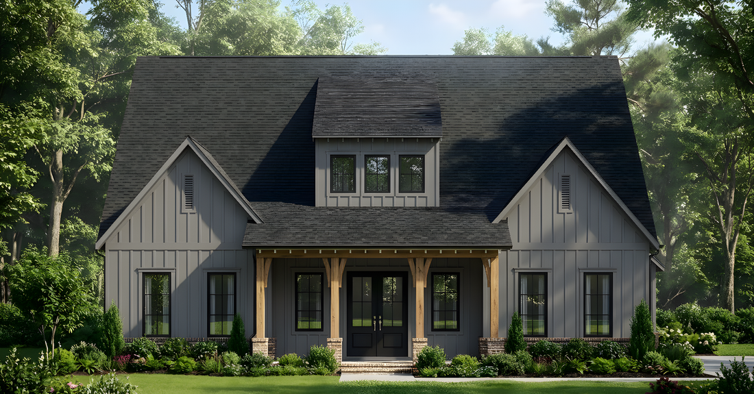 Modern farmhouse house plan exterior rendering with front porch