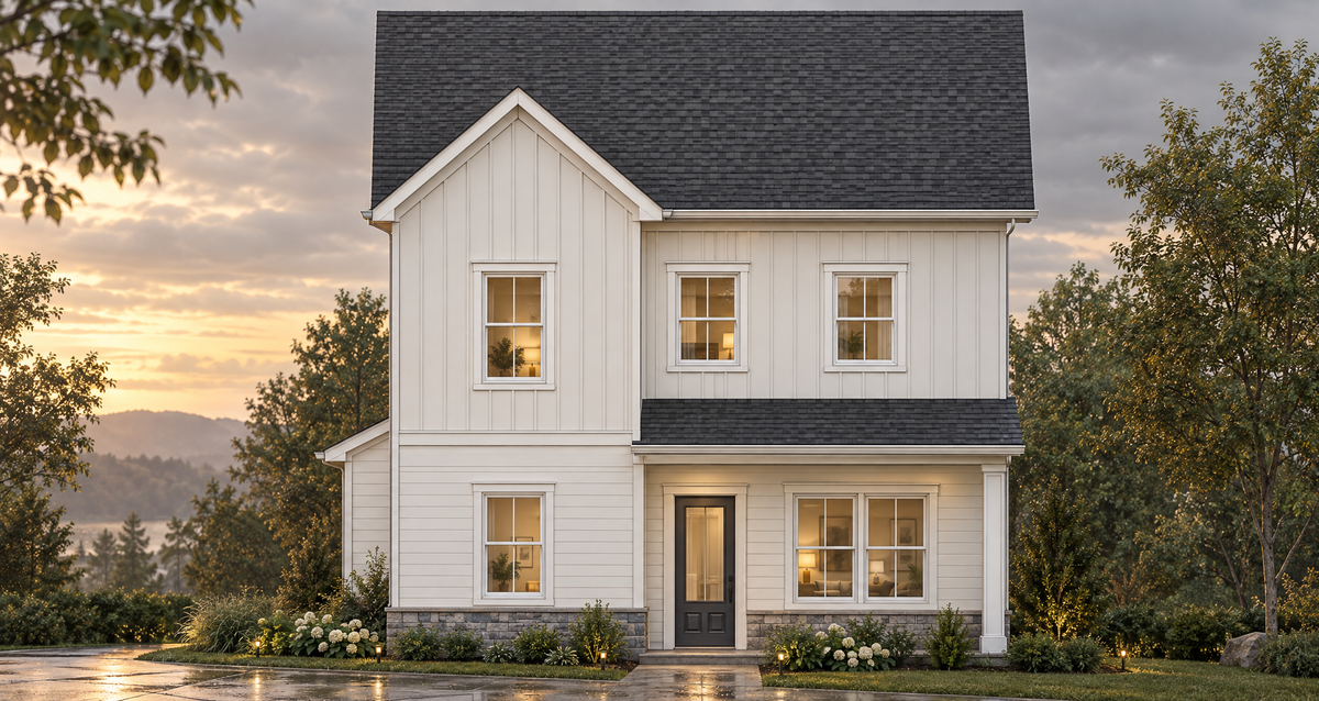 A two-story white farmhouse-style house with a dark gray shingled roof, set in a landscaped yard with trees and a sunset sky.