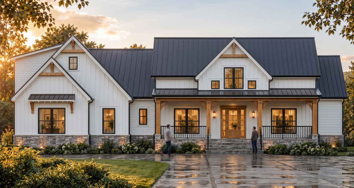 A large white farmhouse-style house with a dark metal roof, stone foundation, and front porch, shown in a realistic outdoor setting at sunset with two people standing near the porch and a wet paved walkway in the foreground.