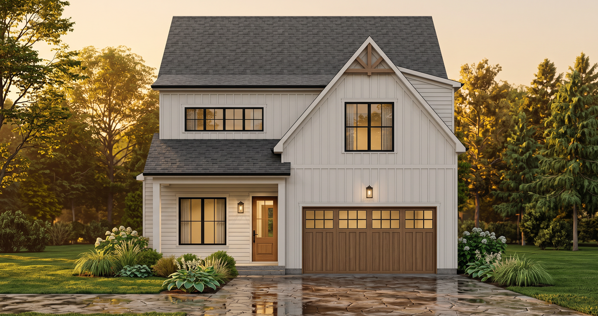 A two-story farmhouse-style house exterior with white vertical siding, a dark gray shingled roof, a brown garage door, and warm window lighting, set in a landscaped yard at sunset.