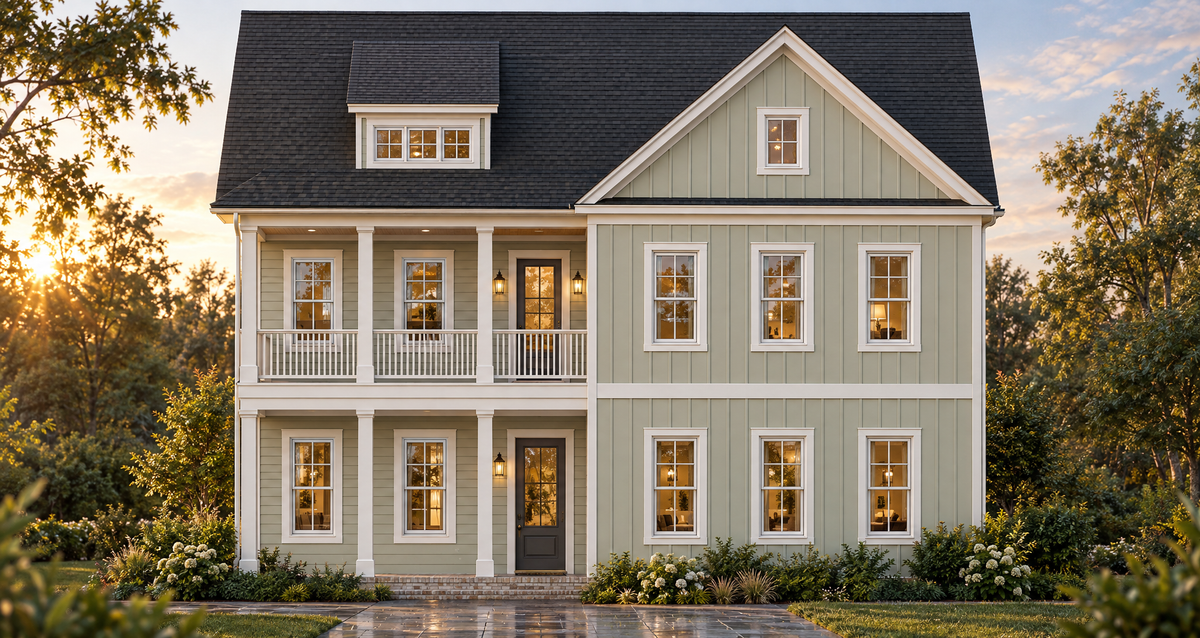 A two-story cottage-style house exterior with pale sage green siding, white trim, a dark gray shingled roof, front porch columns, and warm window lights, set in a landscaped yard at sunset.