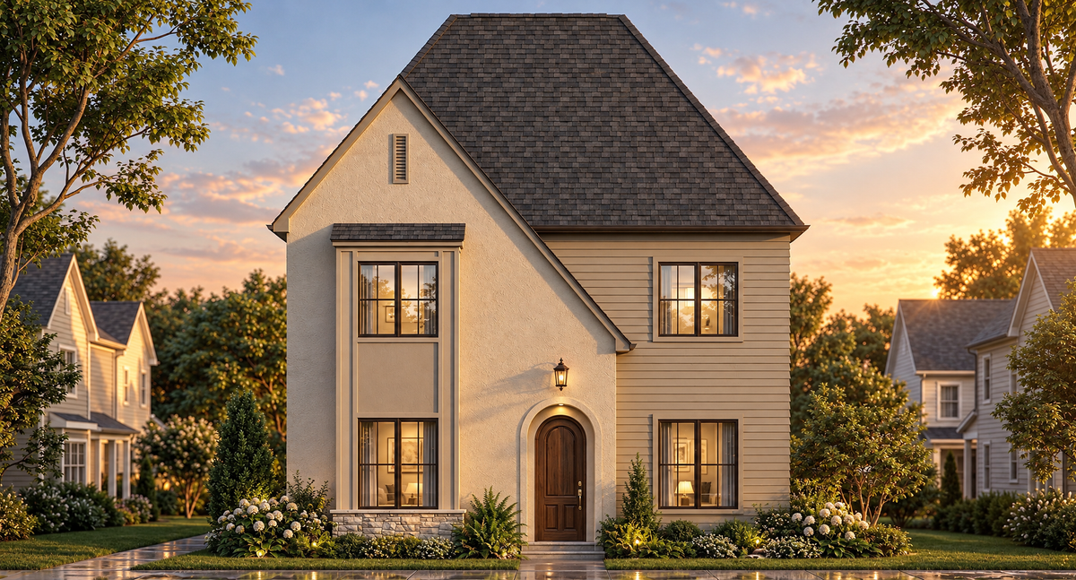 A two-story suburban house at sunset with beige siding, a dark shingled roof, warm window lights, and landscaped front yard with trees and flowers.