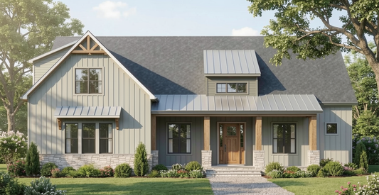 Stylish modern farmhousehouse with gray roof and greenery