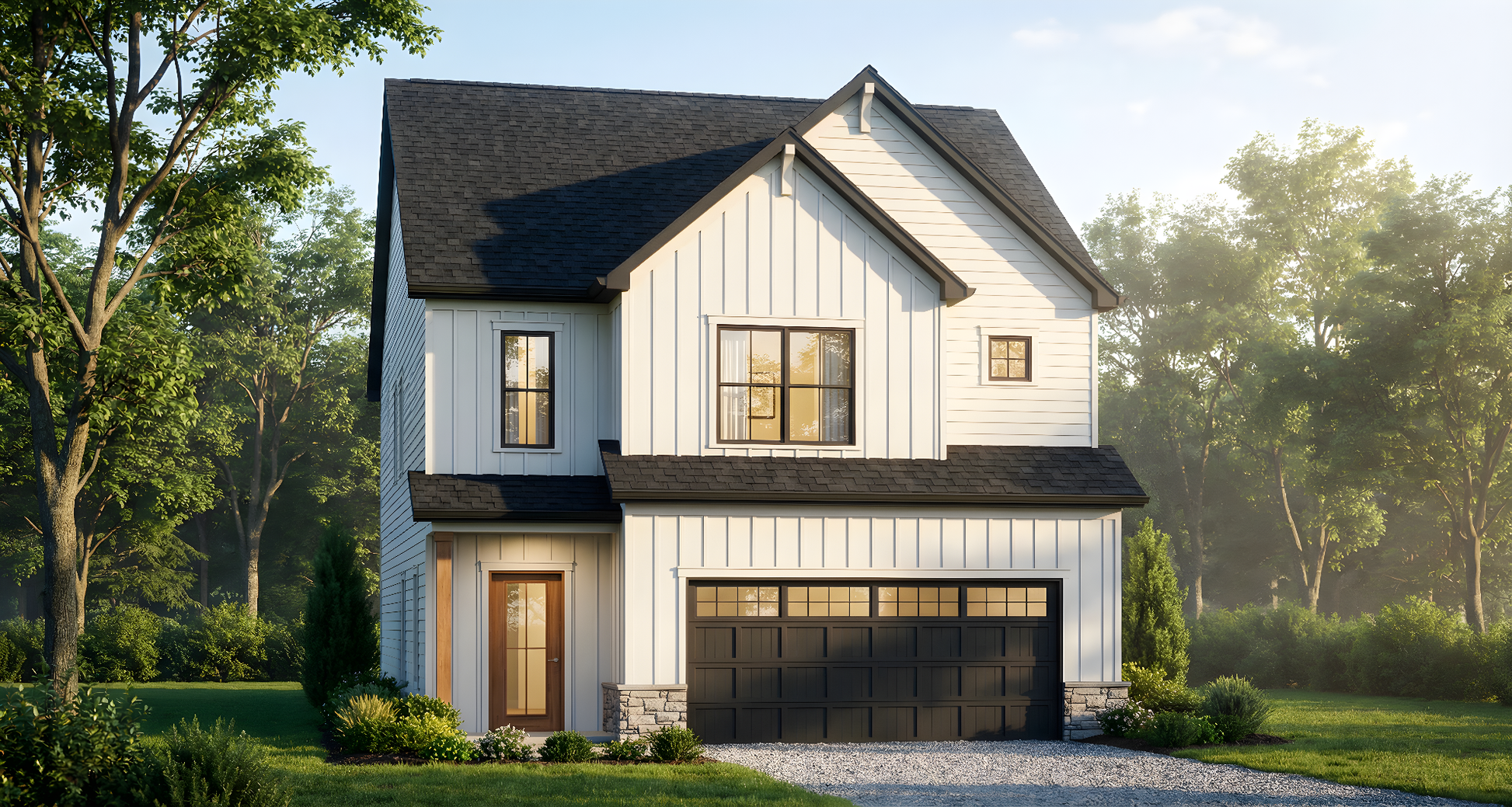 Two-story small modern farmhouse house with white exterior and black roof in a suburban setting