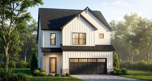 Two-story small modern farmhouse house with white exterior and black roof in a suburban setting