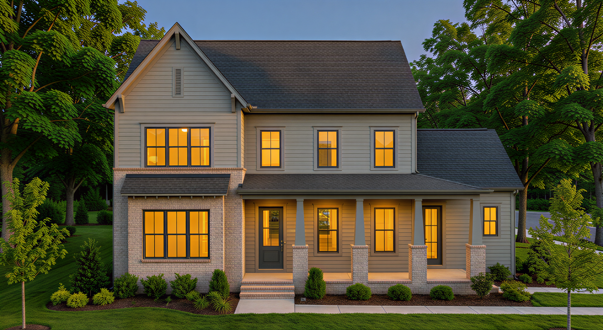 Two-story house with illuminated windows in a suburban setting