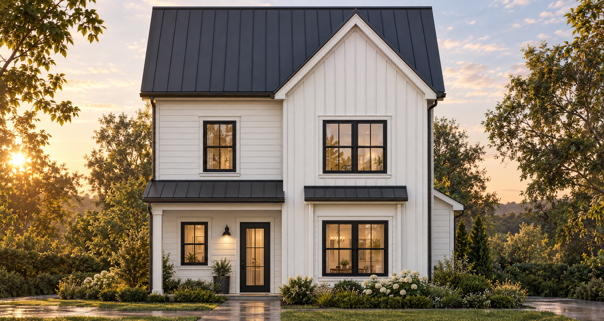 A two-story farmhouse-style house exterior at sunset, with white vertical siding, a dark metal roof, black window frames, and warm lights glowing from the windows, surrounded by trees and landscaping.