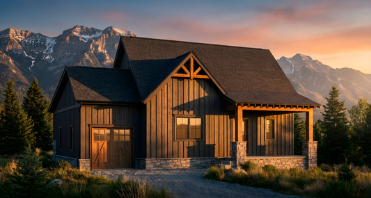 Wooden cabin in a mountainous landscape during sunset
